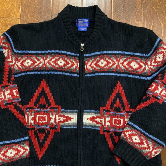 Pendleton Vintage Wool Knit Aztec Southwestern Zip Up Sweater Black Red Men's XL - Picture 2 of 9